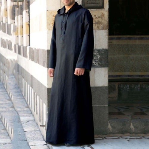 New Men Hooded Muslim Saudi Arab Long Sleeve Thobe Islamic Robe Solid Kaftan Top - Picture 3 of 28