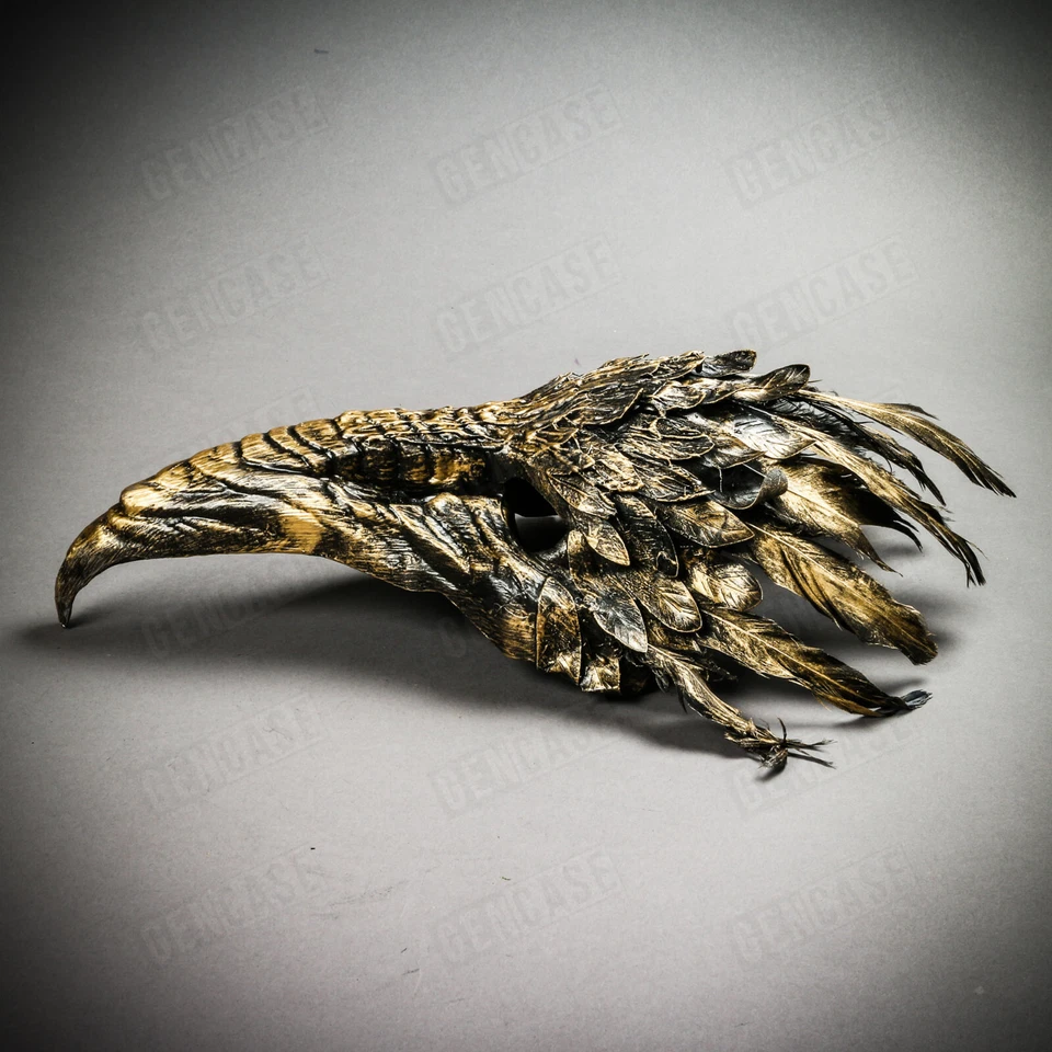 GOLD Plague Doctor Raven Bird Nose Halloween Costume Party Face Mask w/ Feather - Image 4 of 4