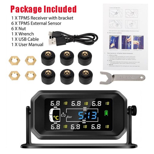 Wireless Solar TPMS LCD Car Tire Pressure Monitoring System w/6 External Sensors - Picture 2 of 17