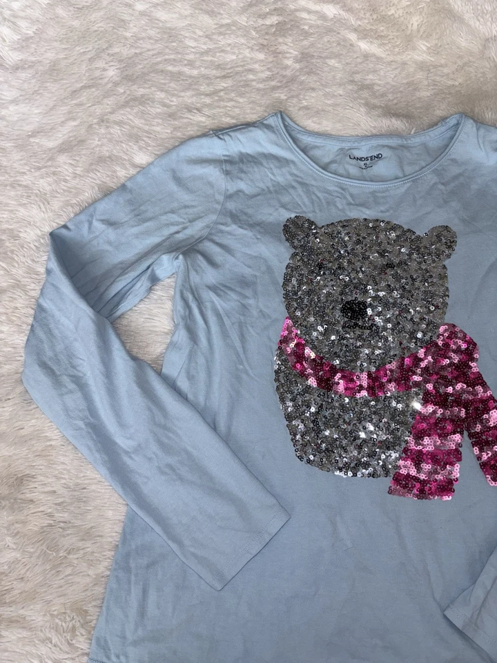 Lands End niñas talla Camiseta 16 Azul Manga Larga Lentejuelas Oso Polar Larga SLV. Lindo Foto 4 de 4