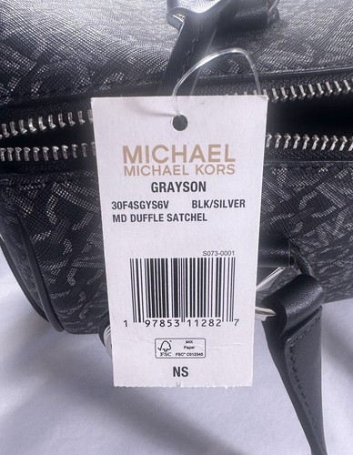 MICHAEL KORS Grayson Medium Metallic Empire Black Silver Signature Logo Satchel - Picture 14 of 14