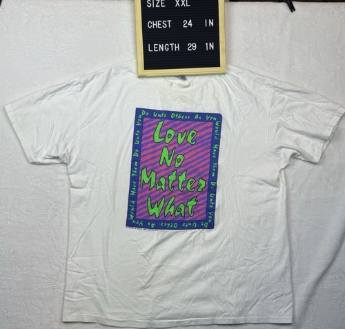 Vintage Love No Matter What T Shirt Oneita XXL White 90s Single Stitch Peace - Picture 22 of 23
