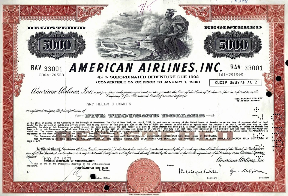 American Airlines Inc., Delaware 1977, 4 1/4% Debenture due 1992 (5.000 $) - Bild 1 von 1