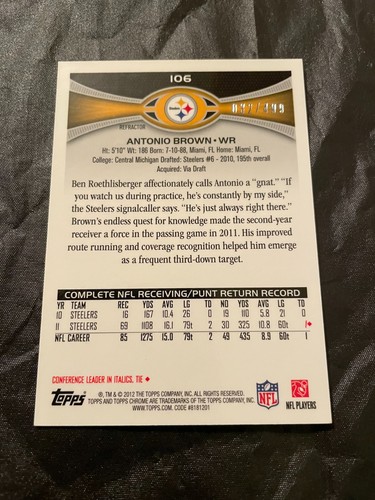 2012 Topps 106 Antonio Brown 32/499 Serial Numbered NFL Football Card - Picture 3 of 4