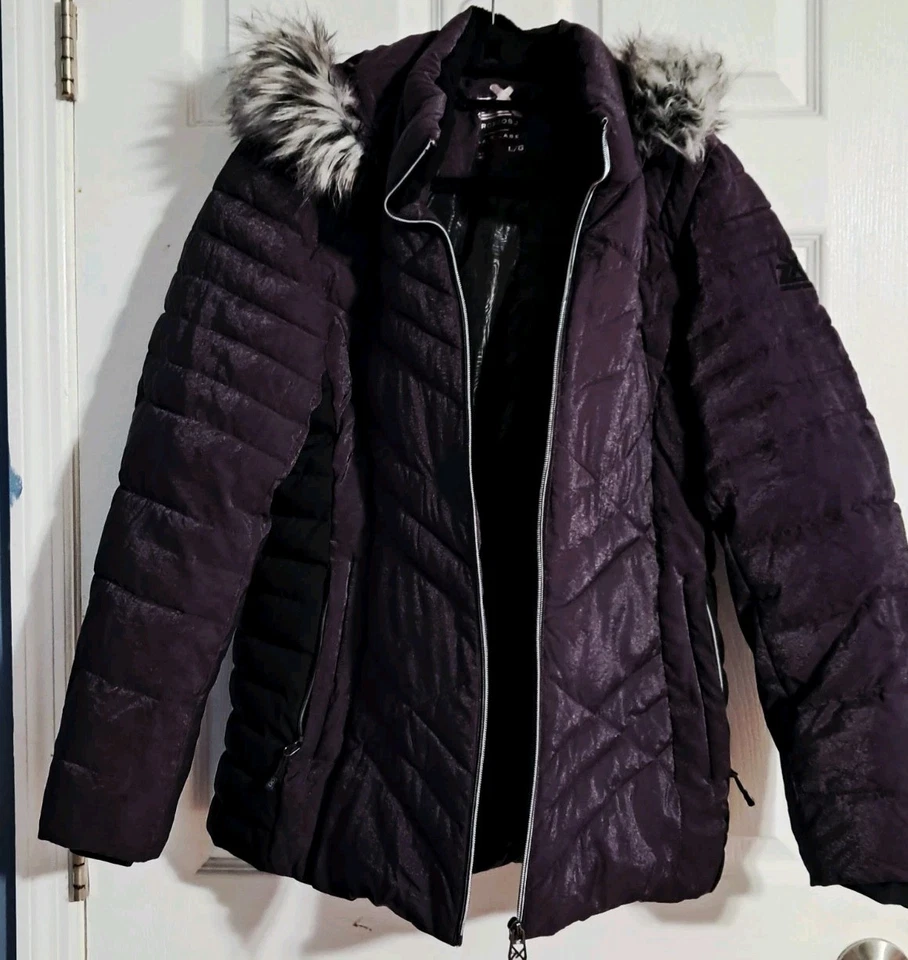 ZeroXposur Black Label hooded coat with fur trim, purple with glitter. Women's L - Image 3 of 4