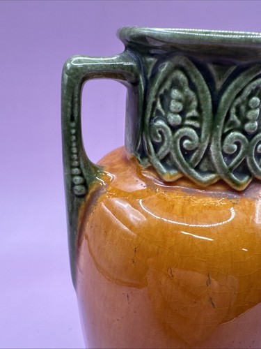 1930s art nouveau majolica 7” vase Iris / rose Hand Painted Czechoslovakia  - Bild 7 von 15