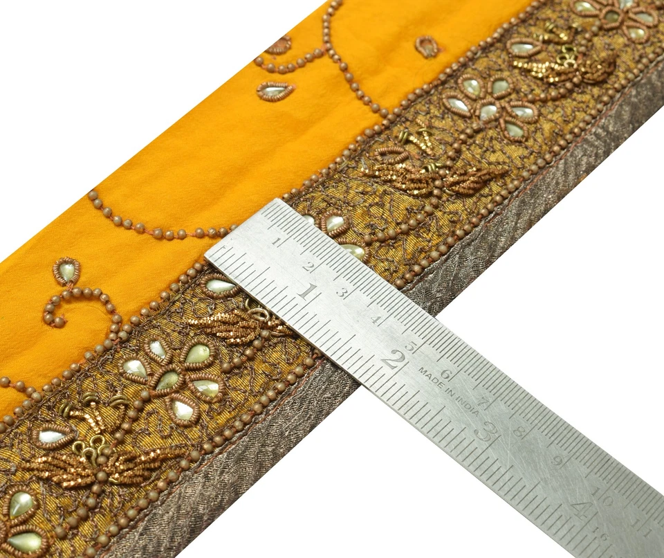 Sushila Vintage Yellow Saree Border Indian Craft Sewing Trim Hand Beaded Ribbon - Image 4 of 4