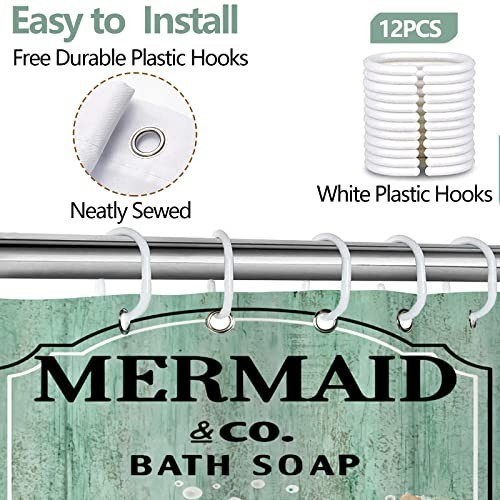 Mermaid Shower Curtain Mermaid 60"W x 72"L (Pack of 1) 01 Teal Green Mermaid - Picture 6 of 7