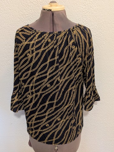 MICHAEL KORS Women`s Peasant top Allover MK Logo Chain Size M Black Gold - Picture 5 of 15