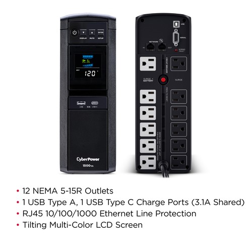 CyberPower GX1500U-R Gaming 1500VA 12 Outlets LCD UPS - Certified Refurbished - Afbeelding 6 van 9