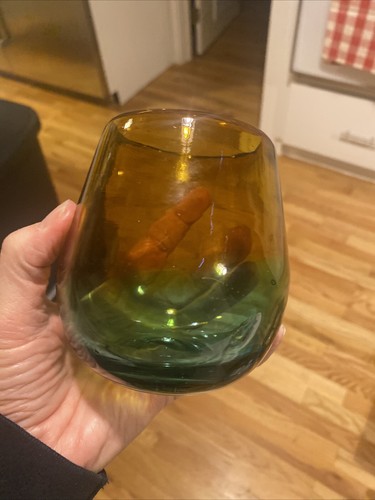 Amber/Teal Bubble Glass Handcrafted In Mexico 2 Stemless wine glasses - Picture 8 of 11