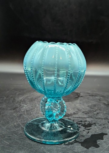 Antique Northwood Blue Opalescent Beaded Panels Rose Bowl Vase Glass 5.5" Read