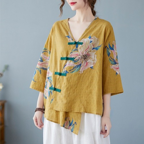 T-shirt donna misto lino blusa sciolta cinese etnica floreale scollo a V casual retrò - Foto 2 di 15