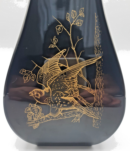 Baccarat Glass Black Crystal Vase with Gilt Decoration of Birds 9.5 inches 23 cm - Picture 9 of 13