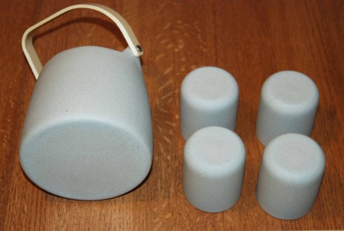 Matte Grey Modern Ceramic Tea Pot With 4 Cups And wood Serving Tray Set - Picture 4 of 6