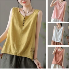 Women Embroidery Tank Tops Vest Shirts T-shirts Waistcoat Sleeveless Retro