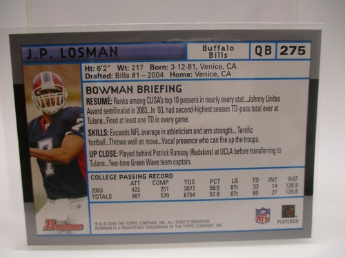 2004 Bowman #275 J.P. Losman RC BILLS - Picture 2 of 2