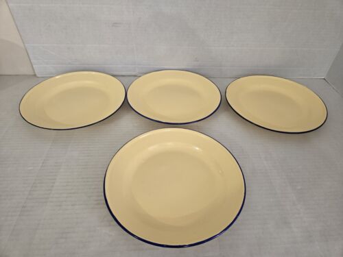 Pottery Barn Enamelware 10" Dinner Plate Picnic Lunch Yellow & Blue - Set of 4