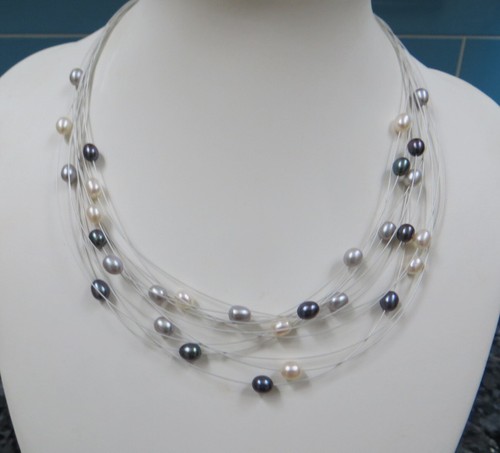 925 Sterling Silver Freshwater Cultured Pearl Illusion Necklace - Picture 2 of 9