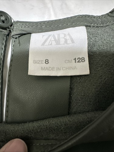 Zara Kids 8 Olive Green Faux Leather Pleated Skirt Puff Sleeve 128 Cm Girls - Picture 3 of 9