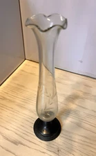 Antique Vintage Metal & Etched Clear Glass Flower Bud Vase Footed- 11"