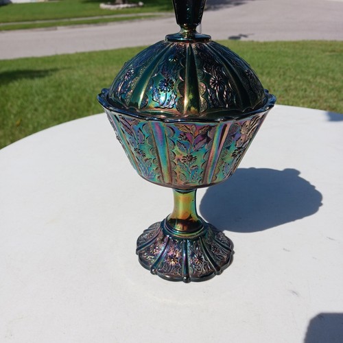 Rare Vintage Fenton Carnival Glass Cobalt Blue Daisy Covered Candy Compote Dish - Bild 1 von 14