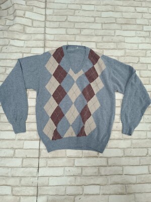 Grey men's sweater in a diamond pattern merino wool and rabbit wool size XL 