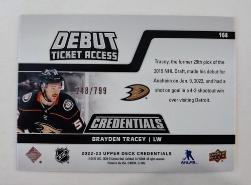 Credenciales de cubierta superior 2022-23/799 acceso al boleto de debut #164 Brayden Tracey  - Imagen 2 de 2