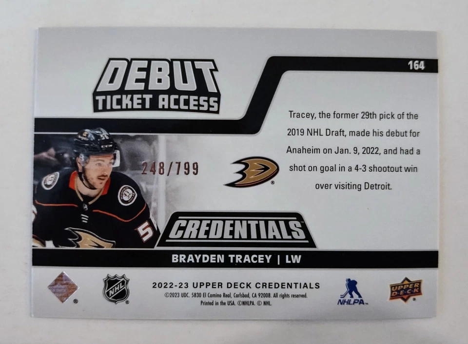2022-23 Upper Deck Credentials /799 Debut Ticket Access #164 Brayden Tracey - Image 2 of 2