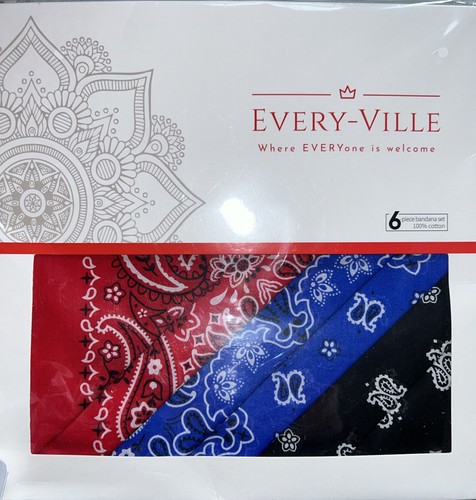 EVERY-VILLE Bandanas 6 Pack 100% Cotton Bandana Red Blue Black 22”x22” Double Pr - Picture 1 of 2