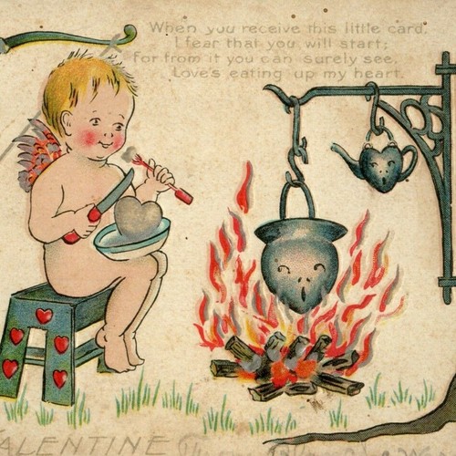 Antique Valentine's Day Postcard Cupid Cooking Heart-Shaped Kettle Pot Eating