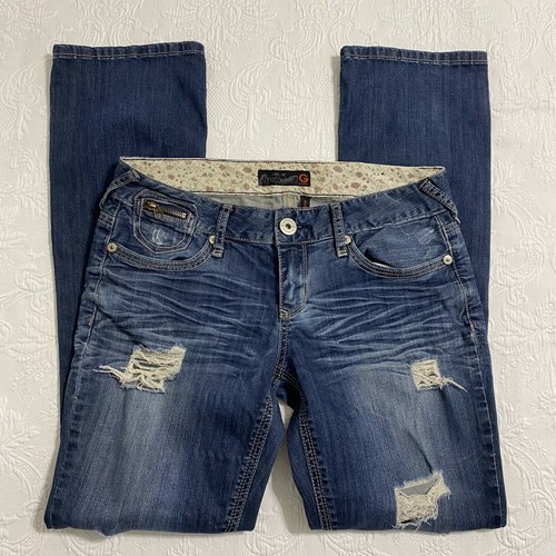 Guess Elliot Straight Leg Womens Blue Jeans Size 29 Distressed Zipp Pockets#1963 - Picture 1 of 12