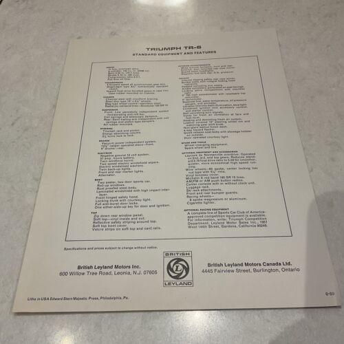 1969 or 1970 - TR-6 - 1 page - Sales Brochure - Nice Condition - Dated 6-69 - Picture 3 of 4