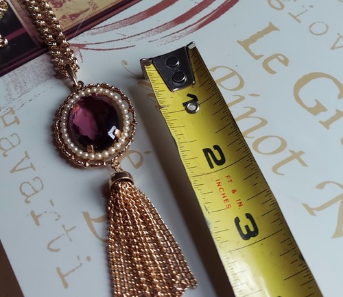 AVON Vintage Pendant Necklace Faux Pearl Amethyst Stone Tassel + Original Box 28 - Picture 4 of 6