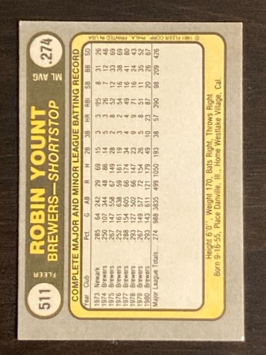 1981 FLEER ROBIN YOUNT AUTOGRAPHED CARD - AUTHENTIC - BREWERS - HOF (A) - Picture 2 of 2