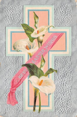 Antique Easter Card Cross Cala Lily Pink Ribbon Silver Textured Vtg Postcard Z5