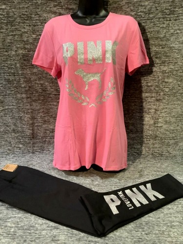 T-shirt Victoria's Secret rosa Bling SS + set leggings in pile cane dalia L XL - Foto 6 di 12