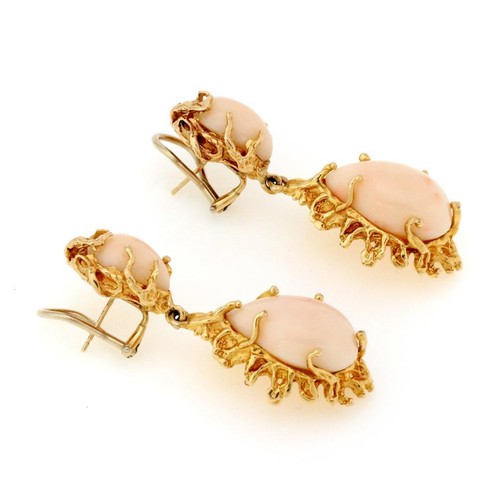 Estate Angel Skin Coral 14k Yellow Gold Drop Dangle Earrings - Picture 2 of 4