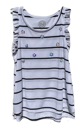 SO Girls Ruffle Short Sleeve t-Shirt Black White Sequin Flowers - Picture 2 of 6