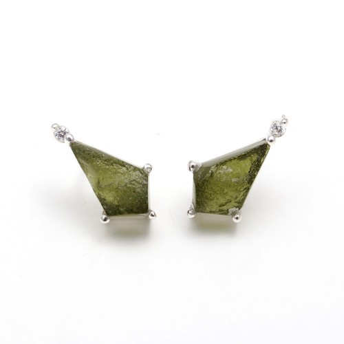 Czech Republic Moldavite Kite Delicate Stud Earrings Solid Silver Dainty Jewelry - Picture 9 of 10