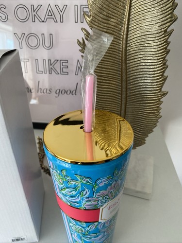 Lilly Pulitzer Tumbler with Straw Cumulus Blue Chick Magnet Gold Lid Cup Plastic - Picture 4 of 4