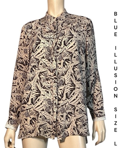 🌻BLUE ILLUSION SIZE L BLACK MULTI BUTTERFLY PRINT RUFFLE SILK SHIRT - Picture 2 of 10
