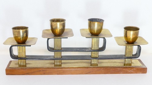 Mid Century Modern Teak Brass German Four Candle Holder Candelabrum