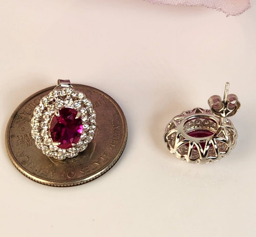 925 Sterling Silver 6x8mm Ruby Double Halo Stud Earrings Gemstone - Picture 3 of 4