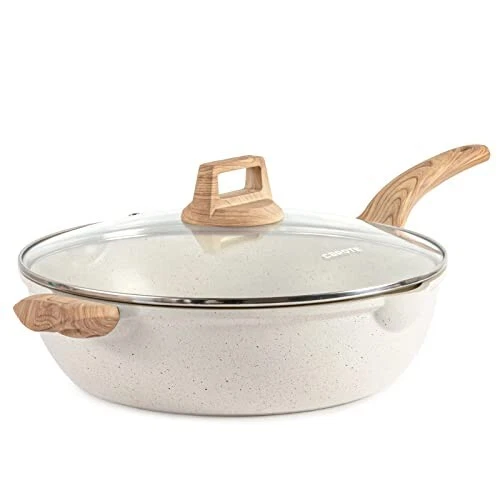 5.5 Qt Nonstick Deep Frying Pan with Lid, Jumbo Cooker Saute Pan - White Granite