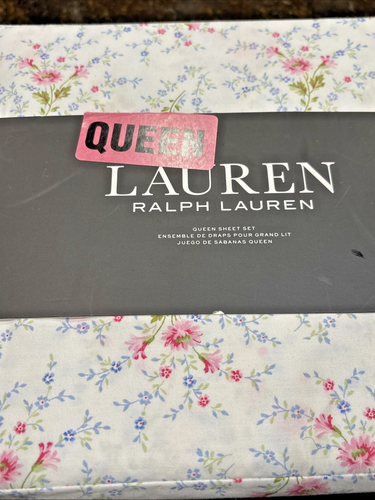 Ralph Lauren Queen Sheet Set Daisy Pink Floral Blue 4pc Green Farmhouse Chic - Picture 2 of 8