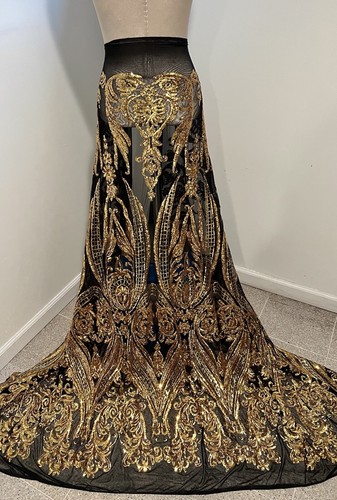Black Gold 4way stretch sequin Lace fabric 50” Width Sold By The Yard - Picture 1 of 6