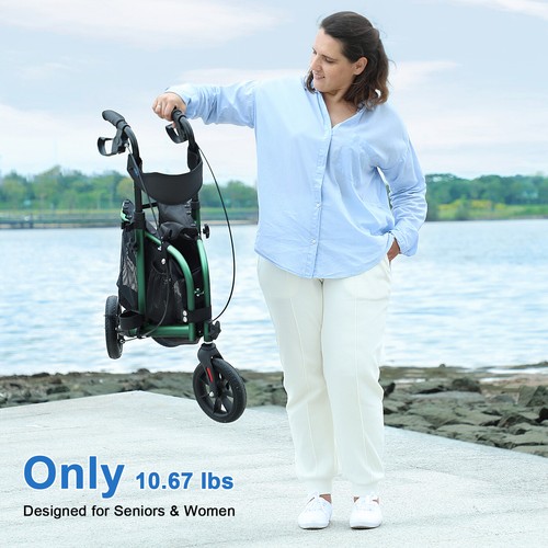 Rollator Walker Aluminum 3 Wheel Adjustable Foldable Lightweight with Seat Pouch - Picture 47 of 50