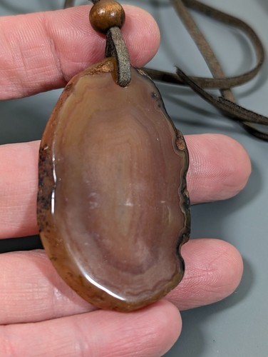Agate Stone Slice Pendant Brown Leather Cord Adjustable Amber Color Boho 30 in - Picture 6 of 8