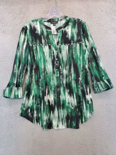 Cocomo Womens 3/4 Sleeve Green Black White Print V- Neck Tunic Blouse Size Small - Picture 2 of 17